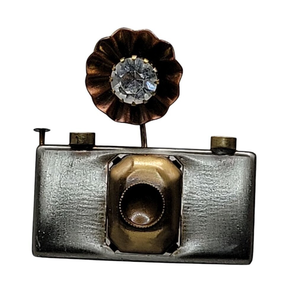 Camera Brooch Pin Photographer Vintage Rhinestone Flash Gold & Silver Tone